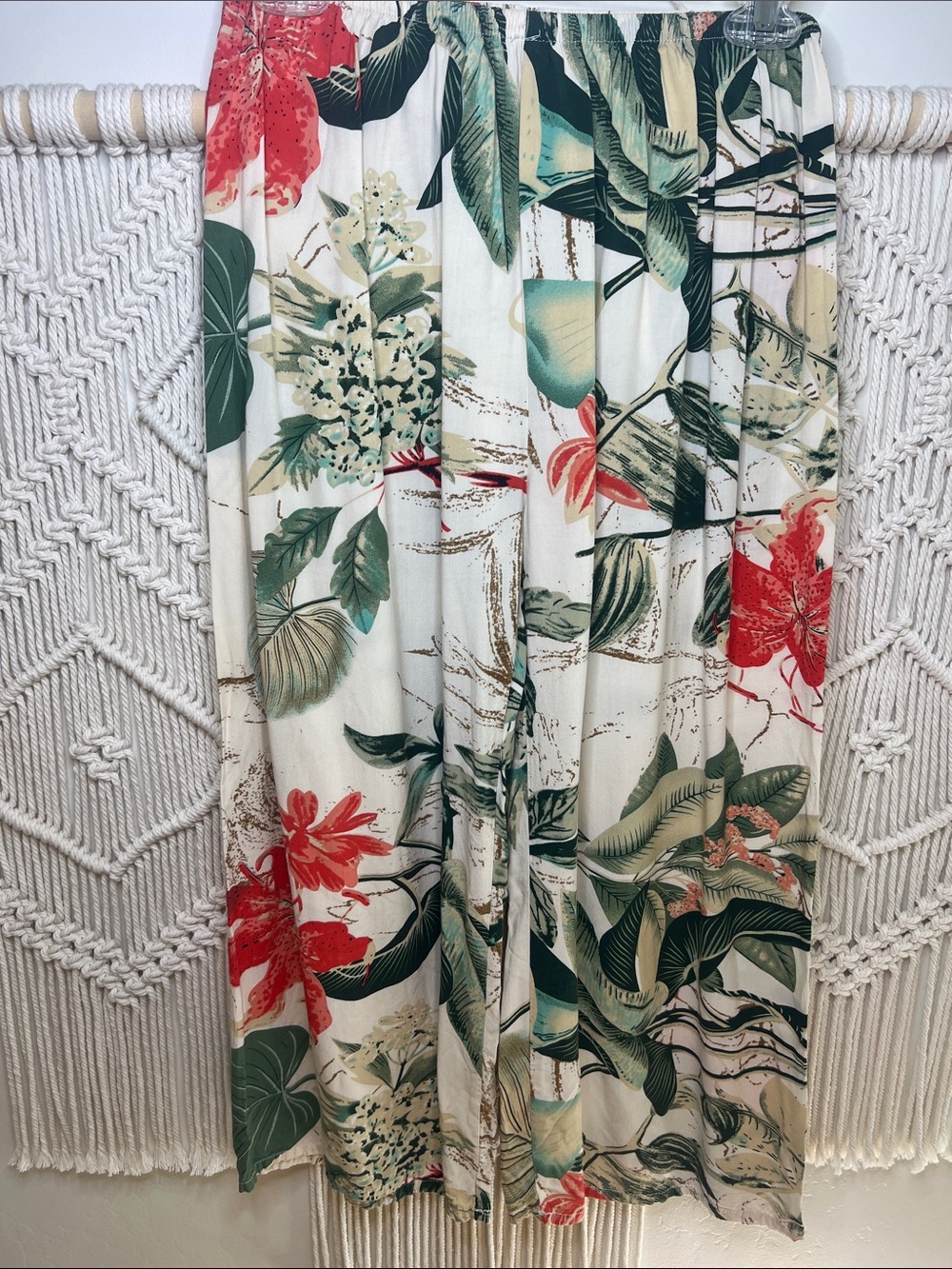 Tropical Floral Wide-Leg Pants - Cream, Green & Coral